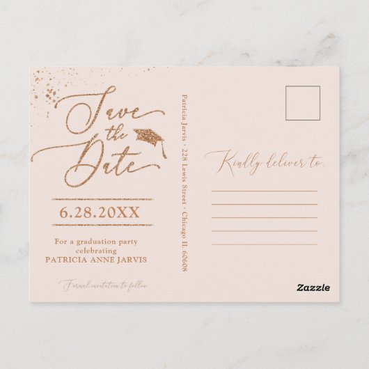 Chic Afstudeerder Party Save The Date Roos Gold Gl Briefkaart (Achterkant)