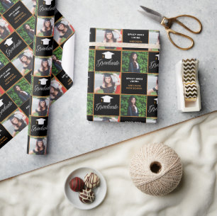 Chic afstudeerfoto op maat in zwart goud voor afst cadeaupapier