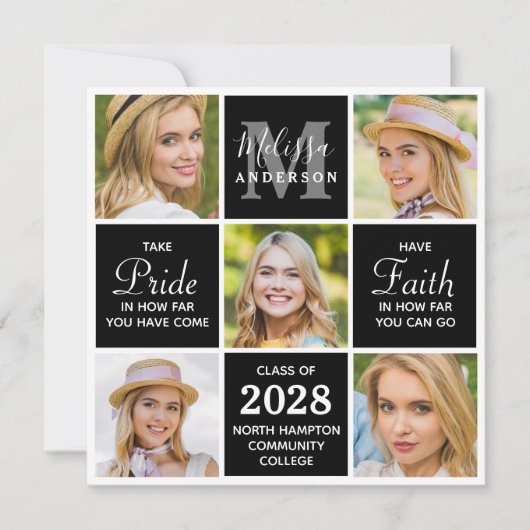 Chic Afstuderen 5 foto Monogram zwart Afstuderen Kaart (Voorkant)