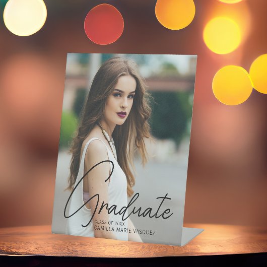 Chic Afstuderen Foto Black Script Graduparty Reclamebord Met Voetstuk