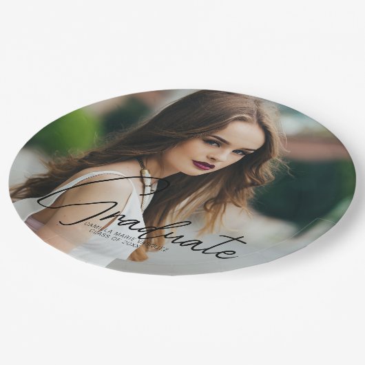 Chic Afstuderen Foto Black Script Overlay Party Papieren Bordje (Gekanteld)