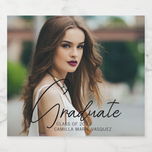 Chic Afstuderen Foto Black Script Overlay Party Sparkling Wijnetiket (Enkel label)