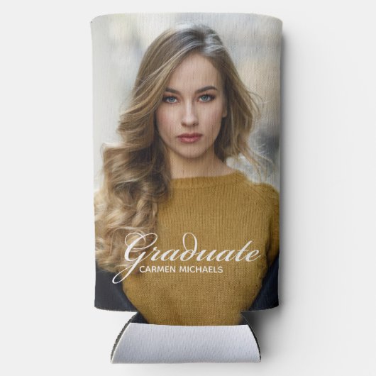 Chic Afstuderen Foto Wit Script Overlay Party Seltzer Blikjeskoeler (Achterkant)