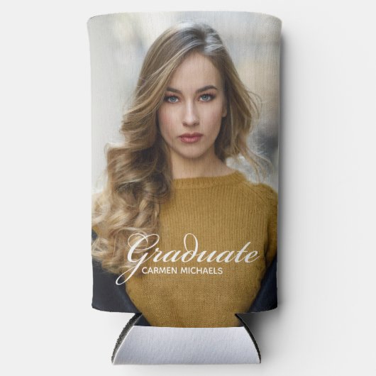 Chic Afstuderen Foto Wit Script Overlay Party Seltzer Blikjeskoeler (Voorkant)