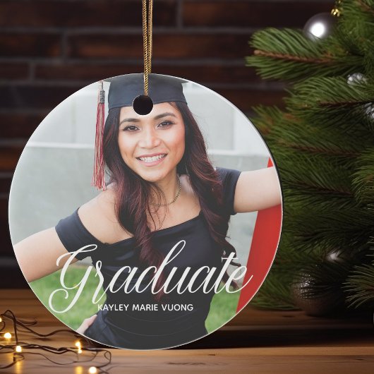 Chic Afstuderen Photo White Script Senior Afstuder Keramisch Ornament