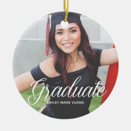 Chic Afstuderen Photo White Script Senior Afstuder Keramisch Ornament (Voorkant)