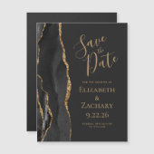 Chic Agate Black Gold Dark Magnetic Save the Date (Voorkant / Achterkant)