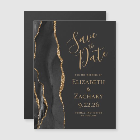 Chic Agate Black Gold Dark Magnetic Save the Date (Voorkant / Achterkant)