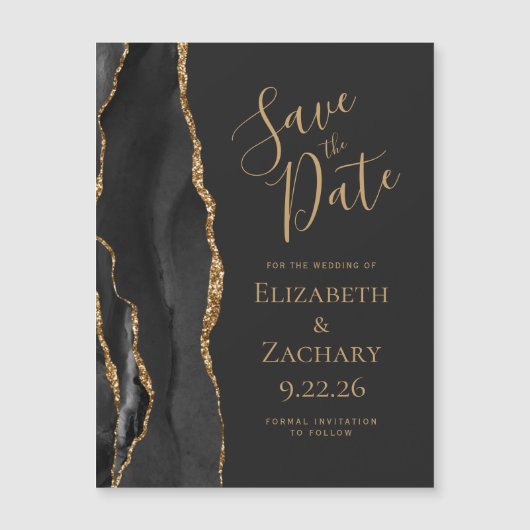 Chic Agate Black Gold Dark Magnetic Save the Date (Voorkant)