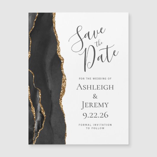 Chic Agate Black Gold Magnetic Save the Date (Voorkant)