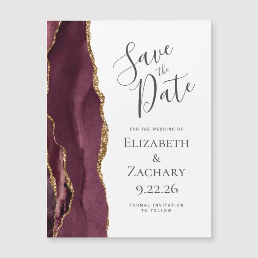 Chic Agate Burgundy Gold Magnetic Save the Date (Voorkant)