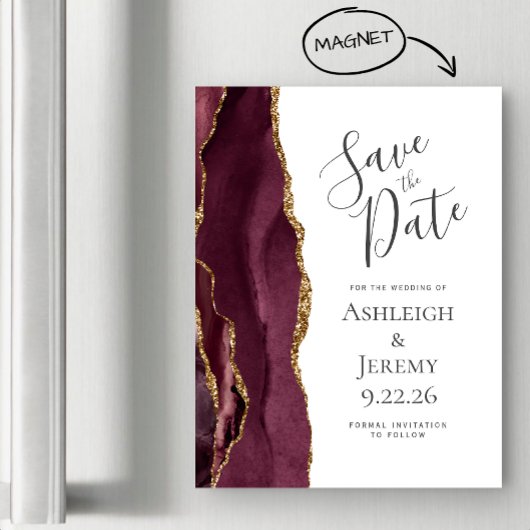 Chic Agate Burgundy Gold Magnetic Save the Date