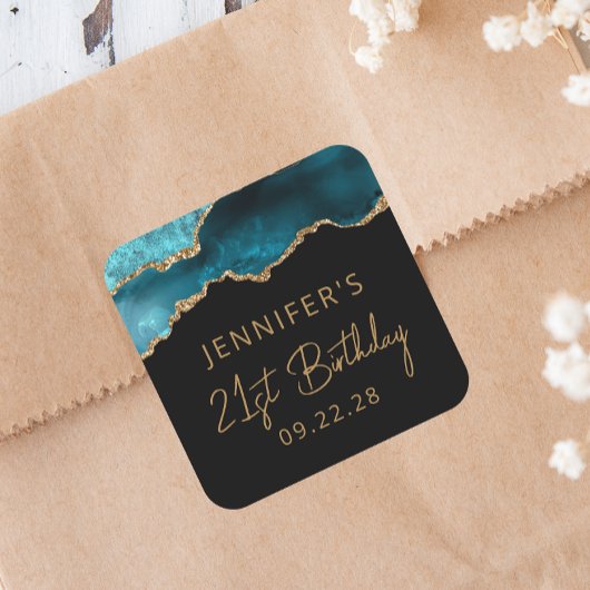 Chic Agate Geode Blauwgroen Gold 21e verjaardag Vierkante Sticker