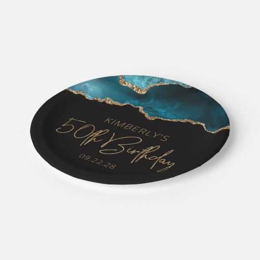 Chic Agate Geode Blauwgroen Gold 50e verjaardag Papieren Bordje (Gekanteld)