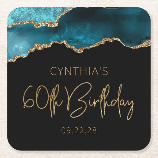 Chic Agate Geode Blauwgroen Gold 60e verjaardag Kartonnen Onderzetters (Voorkant)