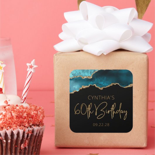 Chic Agate Geode Blauwgroen Gold 60e verjaardag Vierkante Sticker (Feest)