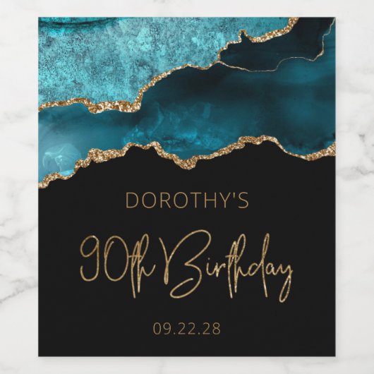 Chic Agate Geode Blauwgroen Gold 90e verjaardag Wijn Etiket (Enkel label)