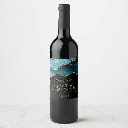 Chic Agate Geode Blauwgroen Gold 90e verjaardag Wijn Etiket (Voorkant)