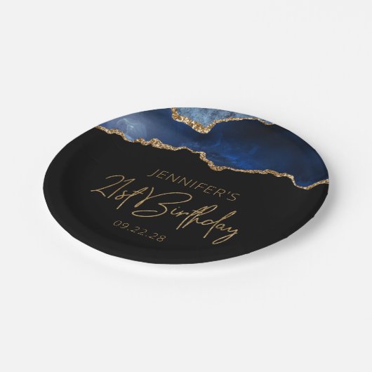 Chic Agate Geode Blue Gold 21st verjaardag Papieren Bordje (Gekanteld)