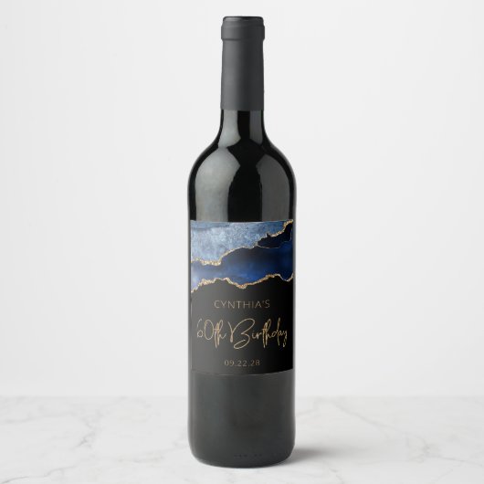 Chic Agate Geode Blue Gold 60e verjaardag Wijn Etiket (Voorkant)