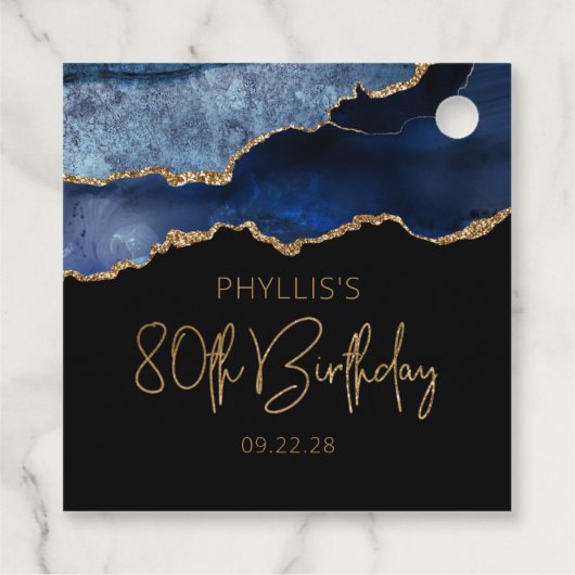 Chic Agate Geode Blue Gold 80th Birthday Bedankjes Labels (Achterkant)