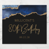 Chic Agate Geode Blue Gold 80th Birthday Party Sparkling Wijnetiket (Enkel label)