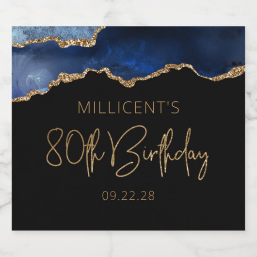 Chic Agate Geode Blue Gold 80th Birthday Party Sparkling Wijnetiket (Enkel label)