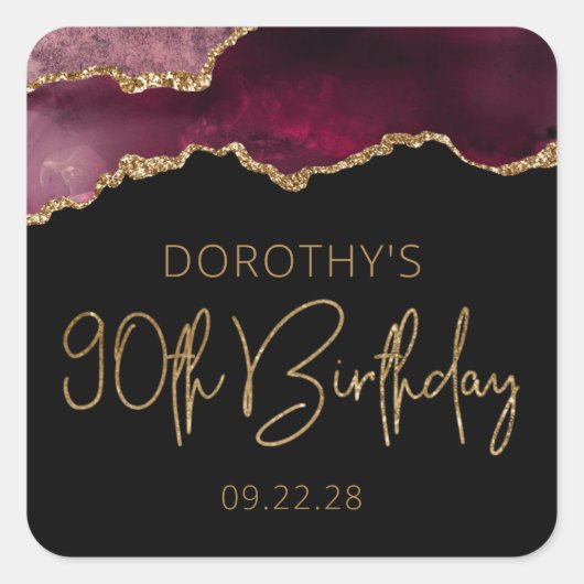 Chic Agate Geode Burgundy Gold 90th Birthday Party Vierkante Sticker (Voorkant)