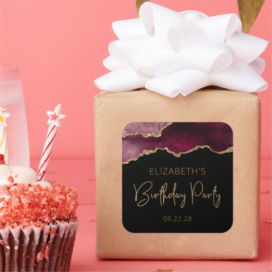 Chic Agate Geode Burgundy Gold Birthday Vierkante Sticker (Feest)