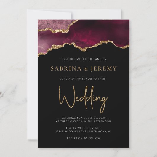 Chic Agate Geode Burgundy Gold Wedding Uitnodiging (Voorkant)