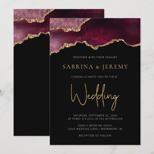 Chic Agate Geode Burgundy Gold Wedding Uitnodiging (Voorkant / Achterkant)
