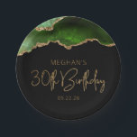 Chic Agate Geode Green Gold 30th Birthday Party Papieren Bordje<br><div class="desc">Deze griezelige, glamoureuze borden van het 30ste verjaardagsfeestje hebben een waterverf afbeelding van een georgide in groene tinten met faux gouden glitter hoogtepunten. De woorden "30th Birthday" staan in faux Gold glitter in een decoratief modern handschrift. Pas het aan met de naam van de gast van eer en de datum...</div>