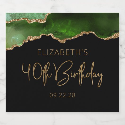 Chic Agate Geode Green Gold 40th Birthday Party Sparkling Wijnetiket (Enkel label)