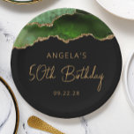 Chic Agate Geode Green Gold 50th Birthday Party Papieren Bordje<br><div class="desc">Deze chique, glamoureuze 50e verjaardagsfeest papieren borden zijn voorzien van een waterverf afbeelding van een agaat geode in tinten van jager groen met faux gold glitter highlights. De woorden "50th Birthday" verschijnen in goudkleurig decoratief modern handschrift. Voeg de naam van de honoree en de datum in goudkleurige sans serif tekst....</div>