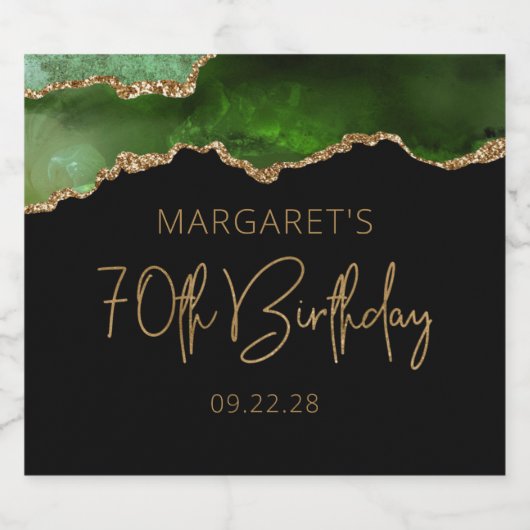 Chic Agate Geode Green Gold 70th Birthday Party Sparkling Wijnetiket (Enkel label)