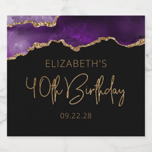 Chic Agate Geode Paars Gold 40e verjaardag Sparkling Wijnetiket (Enkel label)