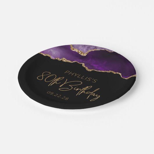 Chic Agate Geode Paars Gold 80e verjaardag Papieren Bordje (Gekanteld)