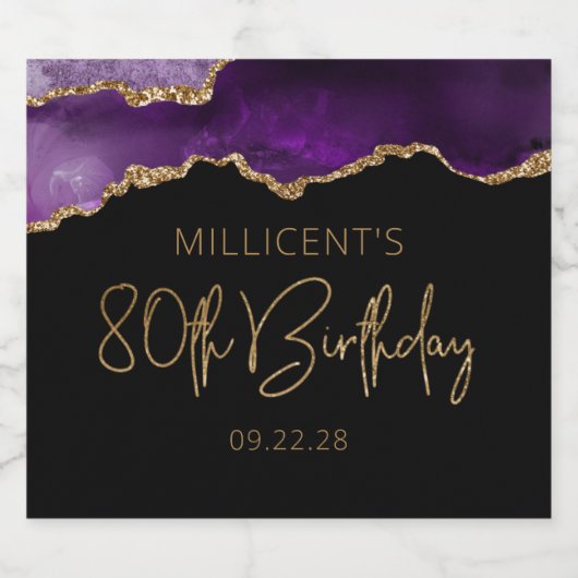 Chic Agate Geode Paars Gold 80e verjaardag Sparkling Wijnetiket (Enkel label)