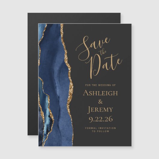 Chic Agate Navy Blue Gold Dark Magnetic Card (Voorkant / Achterkant)