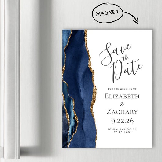 Chic Agate Navy Blue Gold Magnetic Save the Date