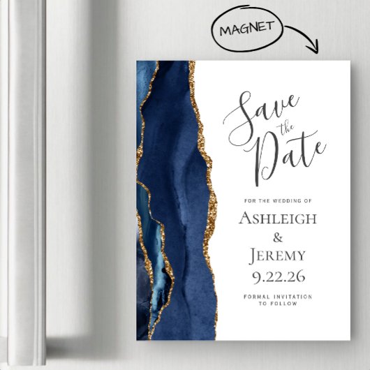 Chic Agate Navy Blue Gold Magnetic Save the Date
