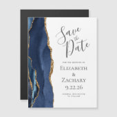 Chic Agate Navy Blue Gold Magnetic Save the Date (Voorkant / Achterkant)