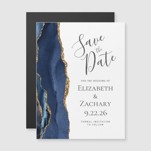 Chic Agate Navy Blue Gold Magnetic Save the Date (Voorkant / Achterkant)