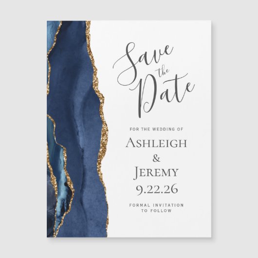 Chic Agate Navy Blue Gold Magnetic Save the Date (Voorkant)