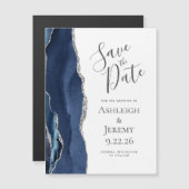 Chic Agate Navy Blue Silver Magnetic Save the Date (Voorkant / Achterkant)