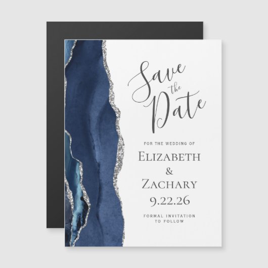Chic Agate Navy Blue Silver Magnetic Save the Date (Voorkant / Achterkant)