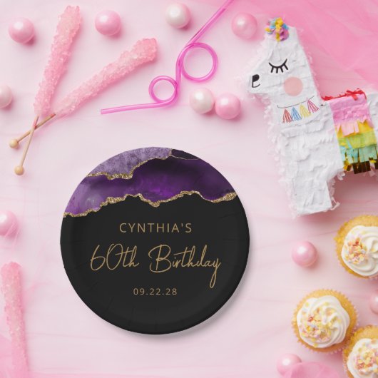 Chic Agate Paarse Goud 60ste Verjaardag Party Papieren Bordje (Feest)
