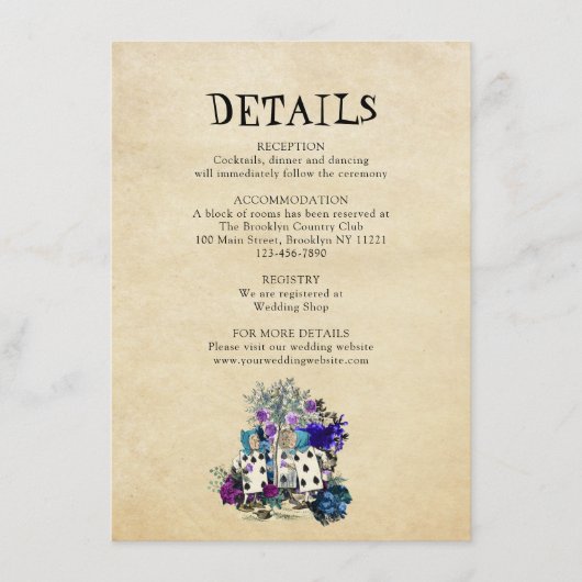 Chic  Alice in Wonderland Wedding Details Informatiekaartje (Voorkant)