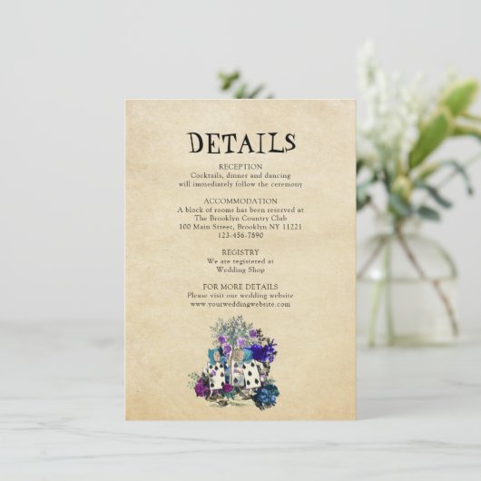 Chic  Alice in Wonderland Wedding Details Informatiekaartje (Staand voorkant)