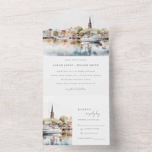 Chic Annapolis Maryland Waterverf bruiloft All In One Uitnodiging (Binnen)